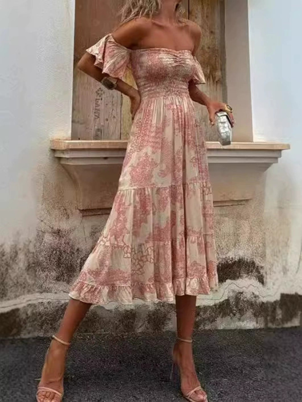 Spring Summer Printed Off Shoulder Strapless Sexy Casual Ruffle Sleeve Dress - Picture 3 of 6